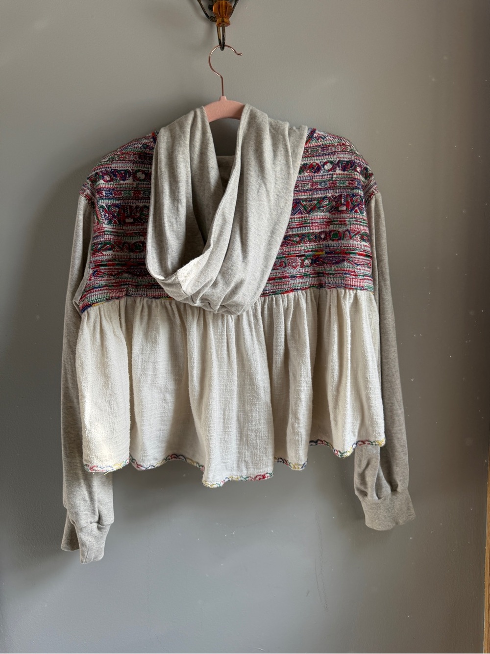 Free People Embroidered Hoodie Swing Cardigan Boho Peplum Jacket Womens M Cream - Picture 3 of 12